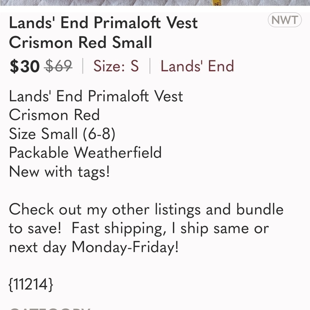 Land’s End Primaloft Red Thin Layer Vest Size Medium - Picture 8 of 8